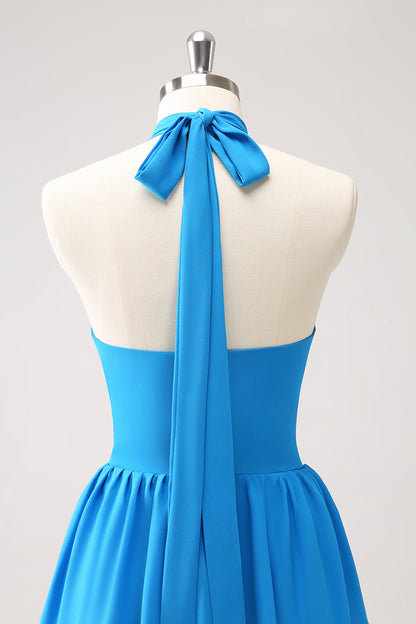 Blue Tiered Chiffon Bridesmaid Dress with Flower