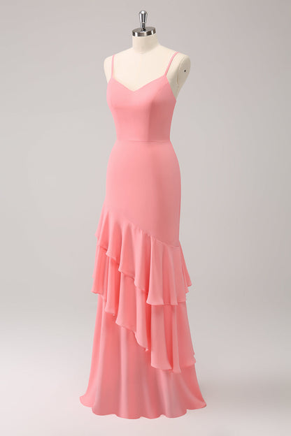 Pink Spaghetti Straps Mermaid Bridesmaid Dress with Ruffles