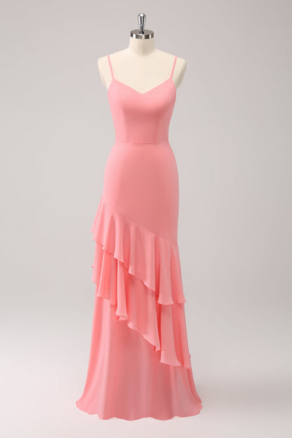 Pink Spaghetti Straps Mermaid Bridesmaid Dress with Ruffles