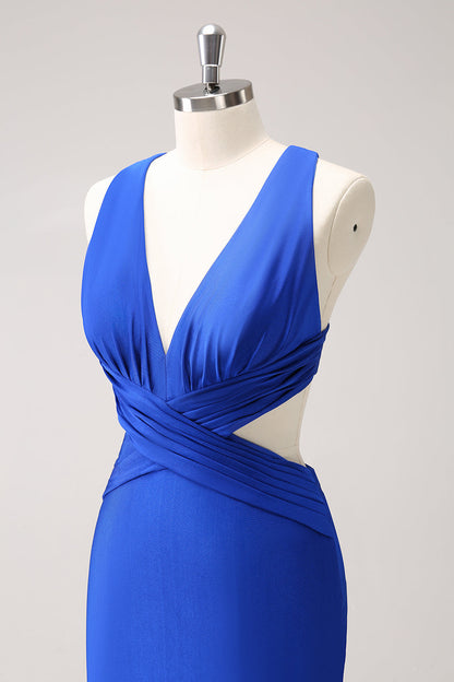 Royal Blue Mermaid Cut Out Ruched Long Bridesmaid Dress