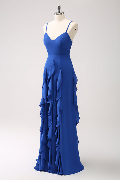 A-Line Dark Blue Spaghetti Straps Bridesmaid Dress with Ruffles