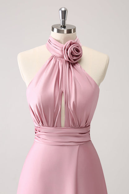 Pink Keyhole A-Line Satin Bridesmaid Dress with Slit