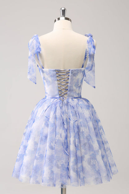 Blue Corset A-Line Short Floral Homecoming Dress