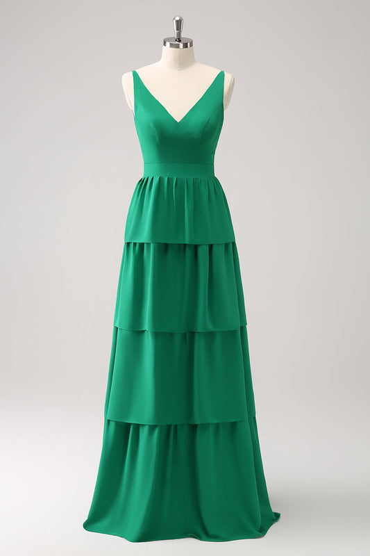 Green A-Line V-Neck Tiered Long Bridesmaid Dress