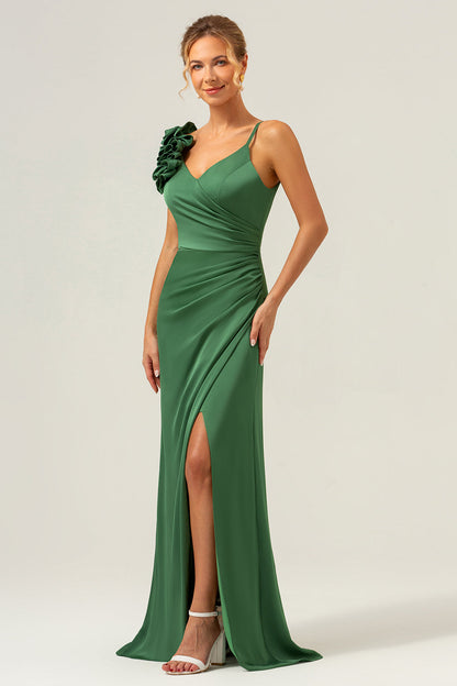 Olive Green Sheath Pleated Satin Long Bridesmaid Dress with Slit