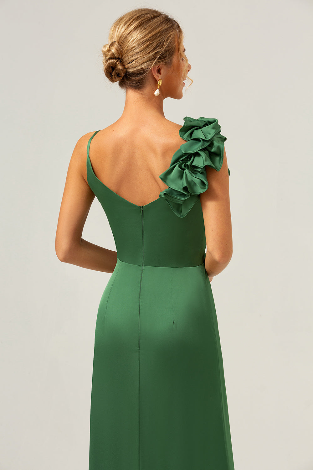 Olive Green Sheath Pleated Satin Long Bridesmaid Dress with Slit