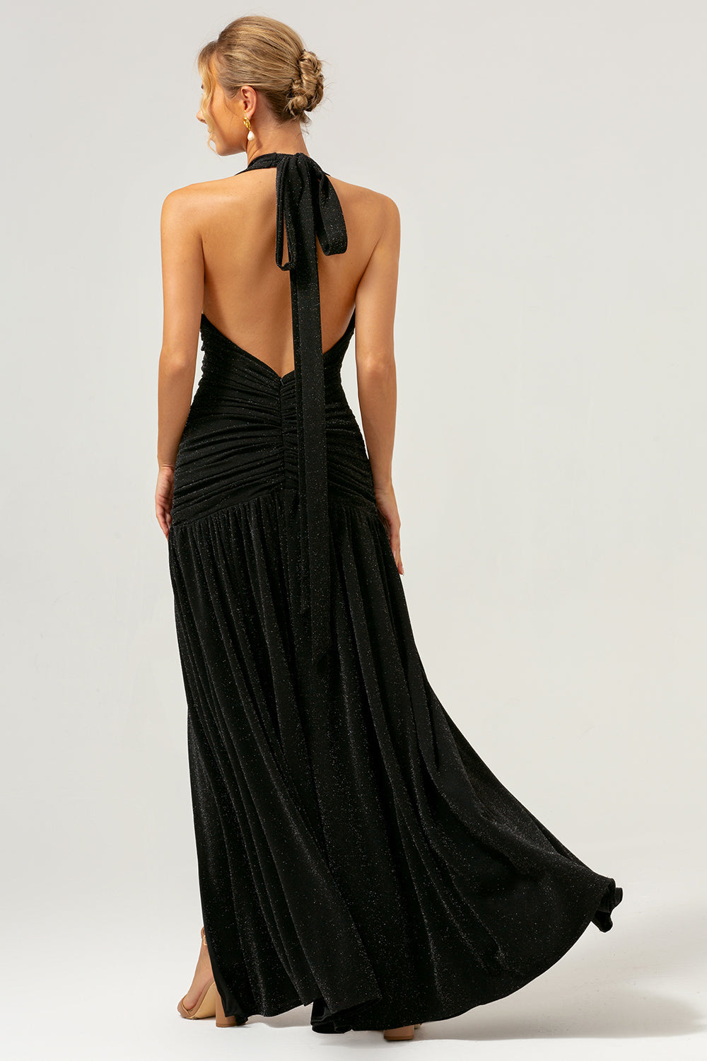 Black Mermaid Halter Pleated Backless Long Bridesmaid Dress