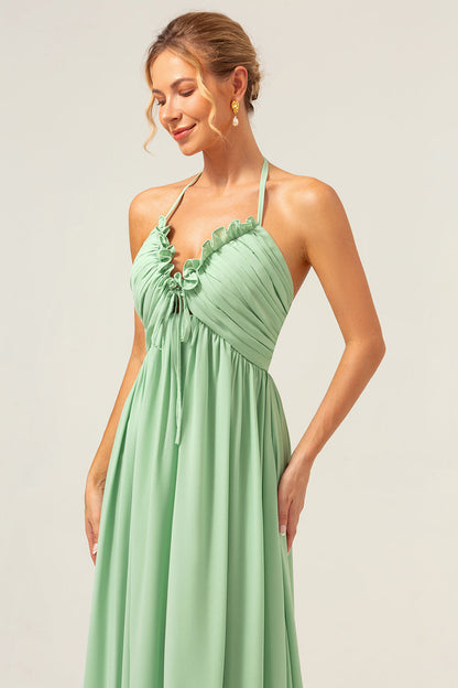 Light Green A Line Halter Backless Long Bridesmaid Dress with Lace Up Back