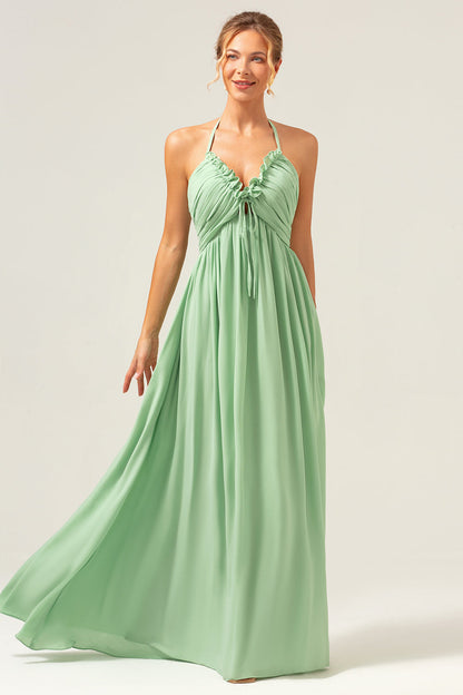 Light Green A Line Halter Backless Long Bridesmaid Dress with Lace Up Back