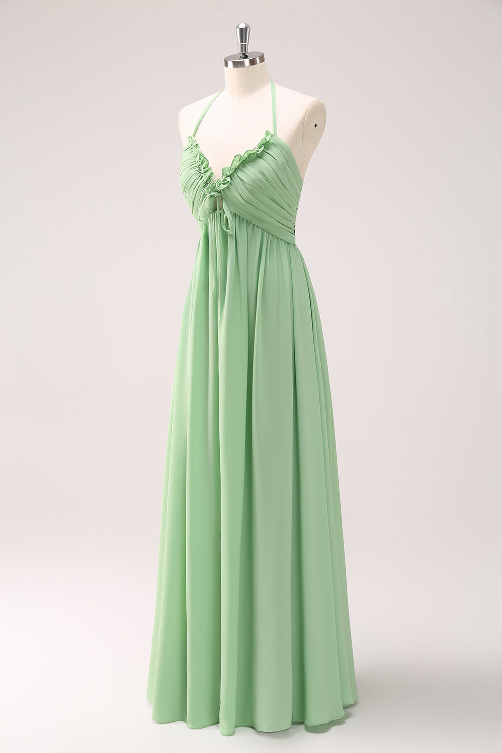 Light Green A Line Halter Backless Lace Up Long Bridesmaid Dress