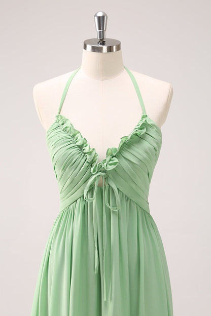 Light Green A Line Halter Backless Lace Up Long Bridesmaid Dress