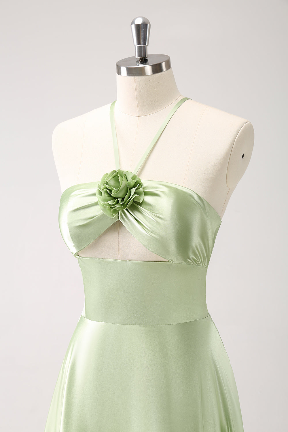 Light Green A-Line Halter Hollow Out Satin Bridesmaid Dress with Flower