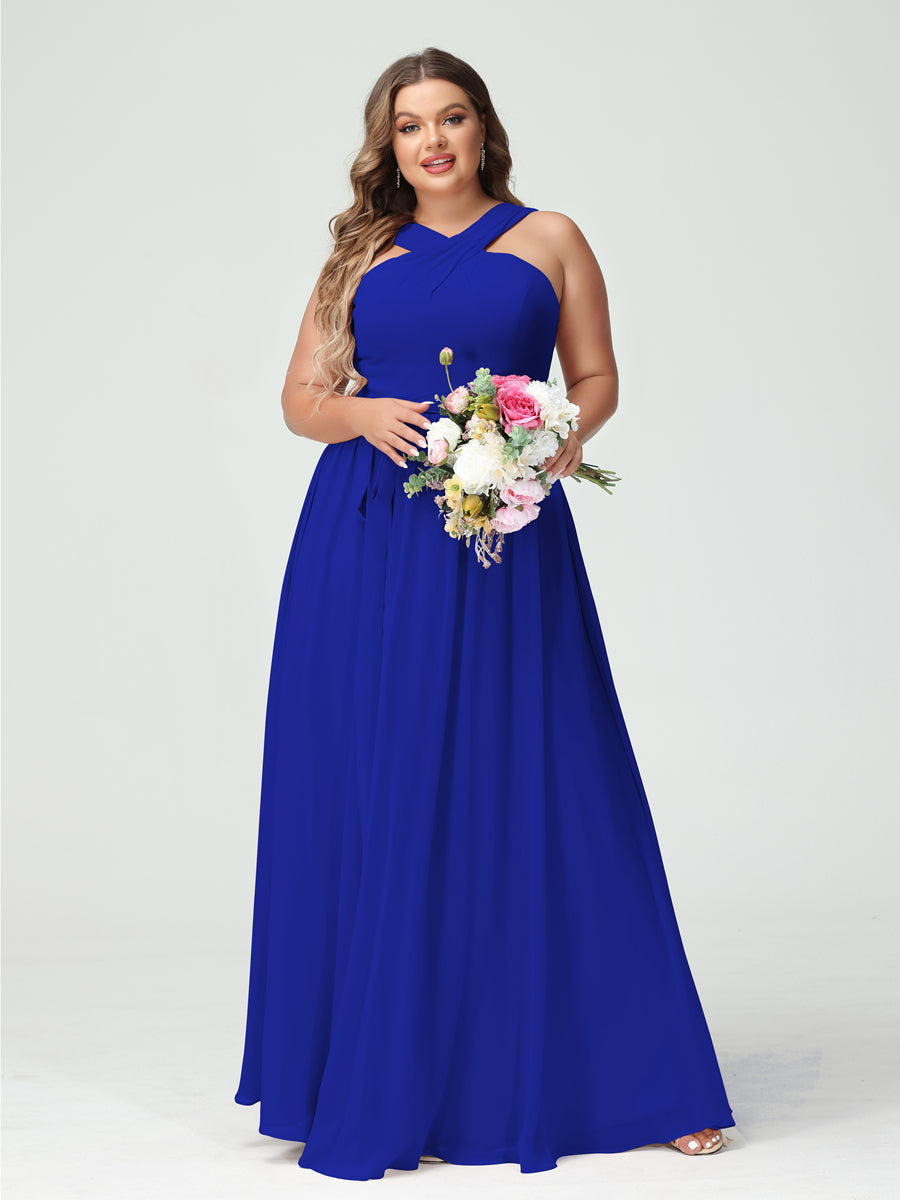 A-Line/Princess/Princess Criss Cross Sleeveless Chiffon Plus Size Bridesmaid Dresses with Sash