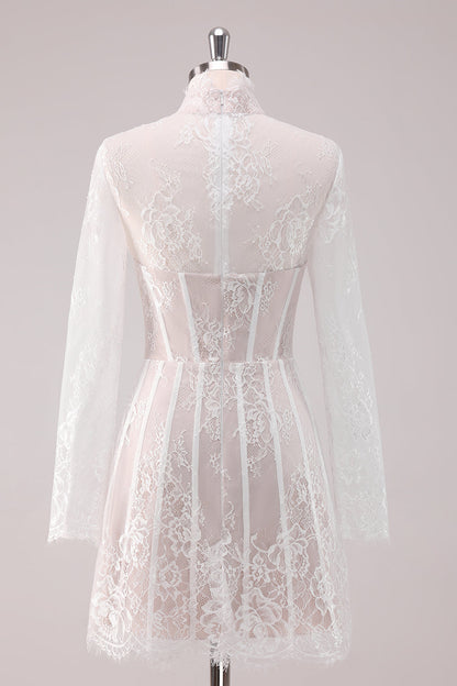 White Lace High Neck Corset Short Homecoming Dress with Long Sleeves