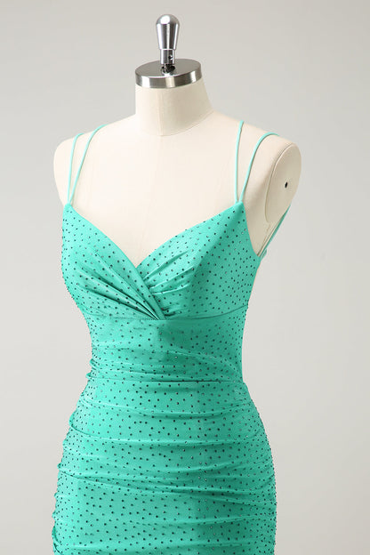 Green Spaghetti Straps Backless Tight Homecoming Dress with Beading