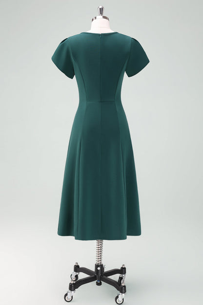 Dark Green V-Neck Cocktail Dress with Short Sleeves