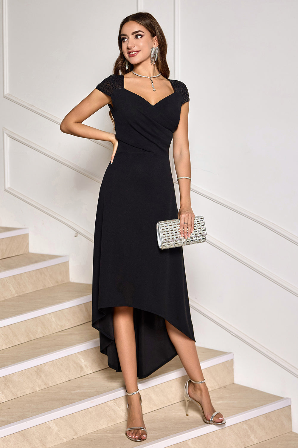 Black V Neck High-Low Cocktail Dress with Cap Sleeves