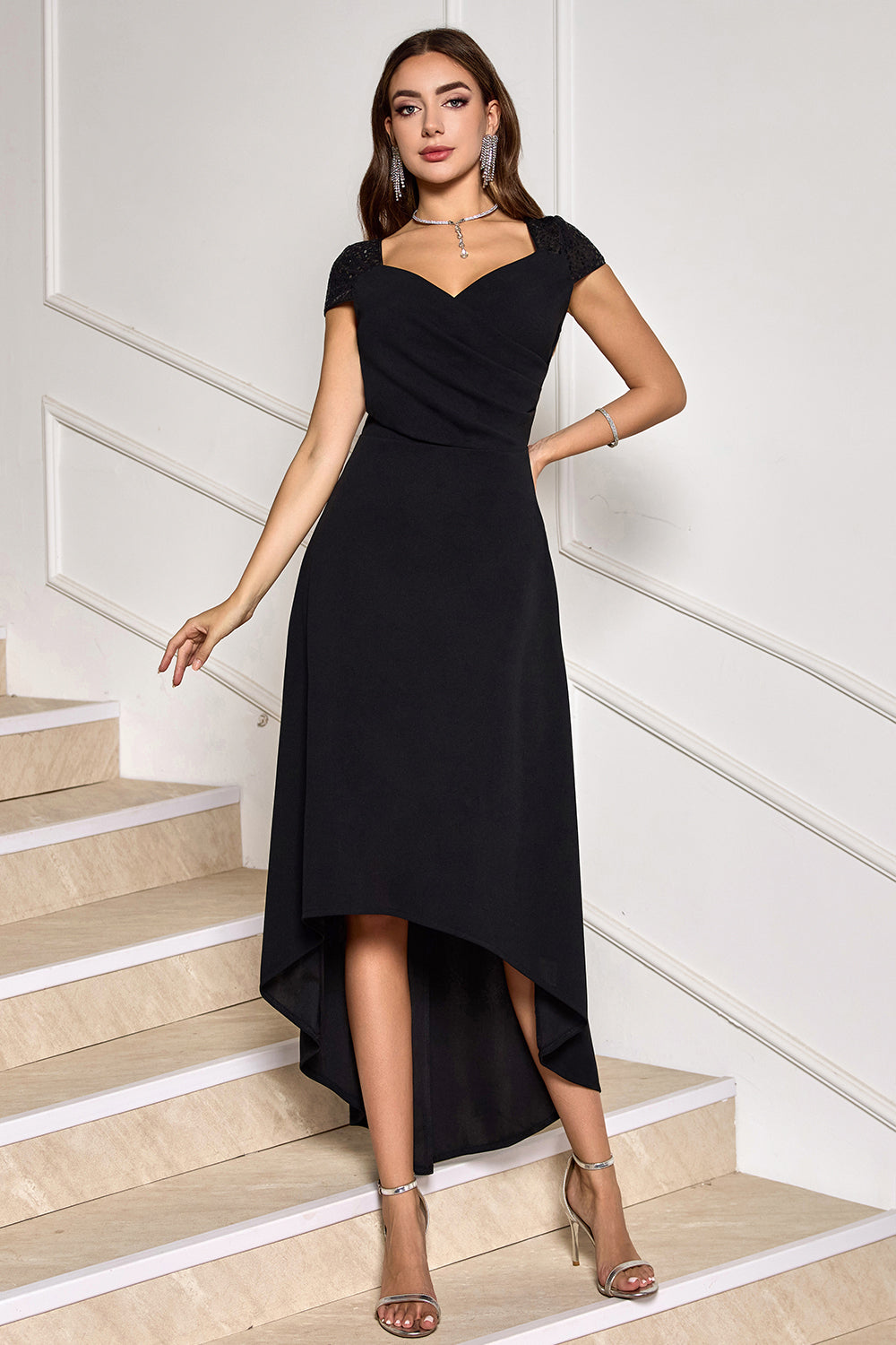 Black V Neck High-Low Cocktail Dress with Cap Sleeves