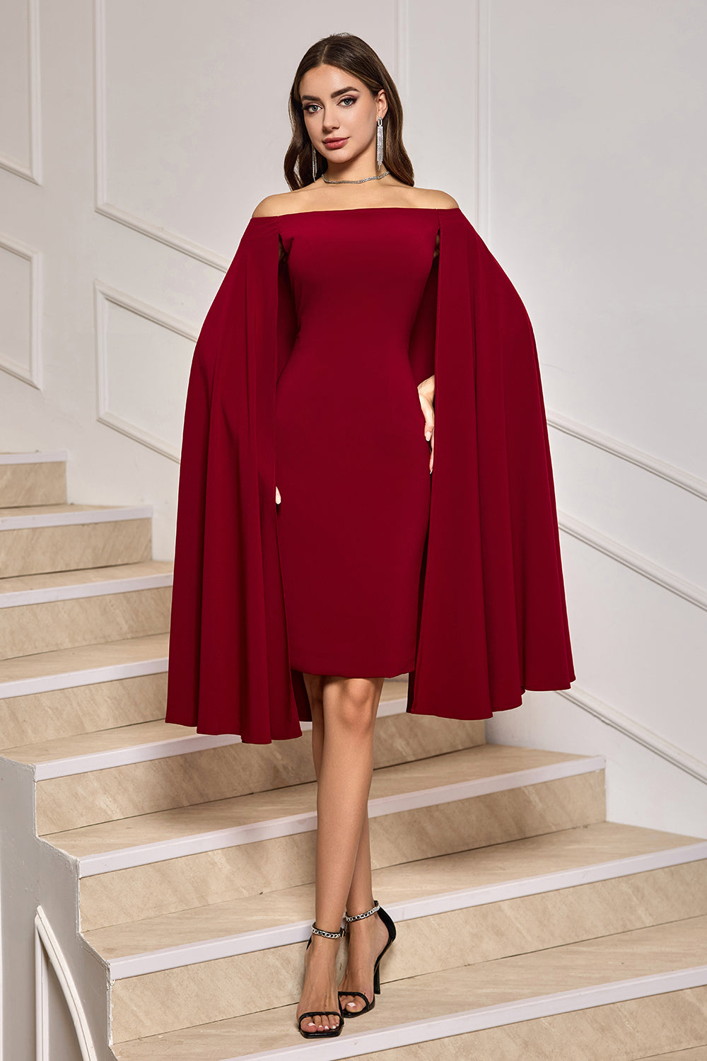 Burgundy Bodycon Off the Shoulder Midi Cocktail Dress With Cape Sleeves