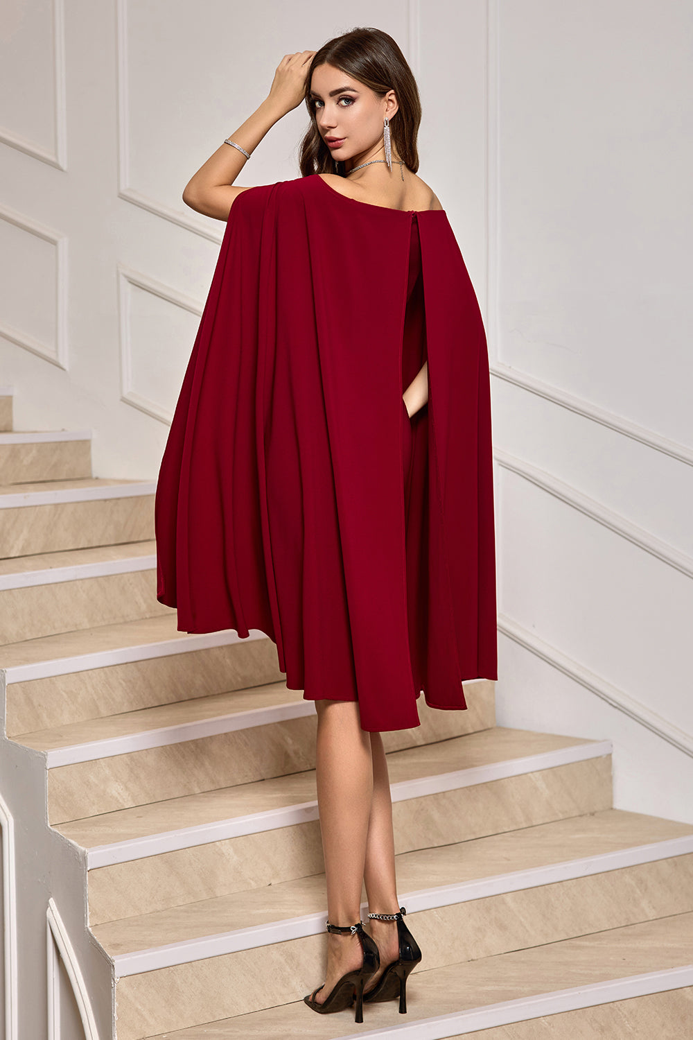 Burgundy Bodycon Off the Shoulder Midi Cocktail Dress With Cape Sleeves