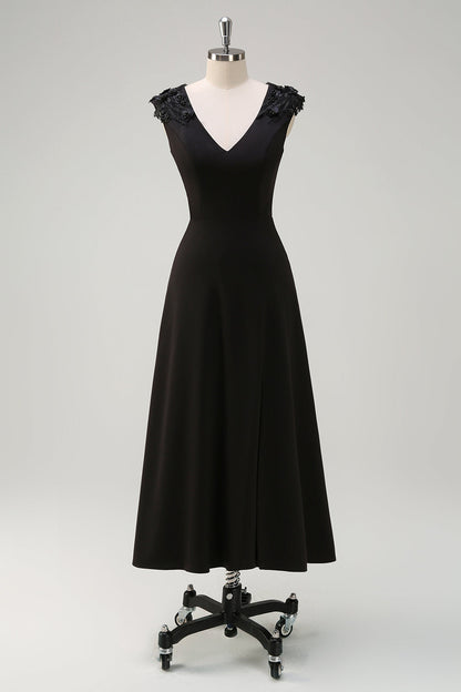 Black A-Line  V-Neck Long Bridesmaid Dress with Applique Sequins