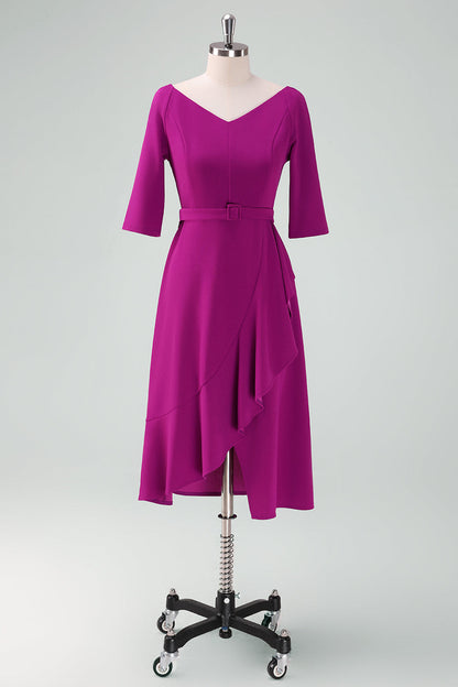 Grape Purple Asymmetrical Cocktail Dress with Half Sleeves