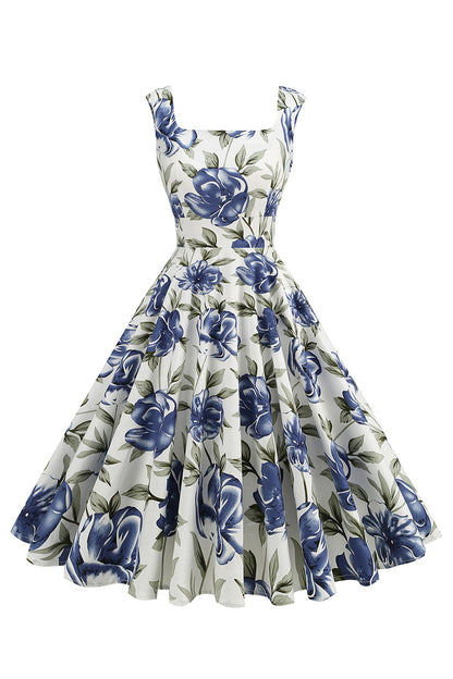 Blue Floral Print Square Neck 1950s Vintage Dress