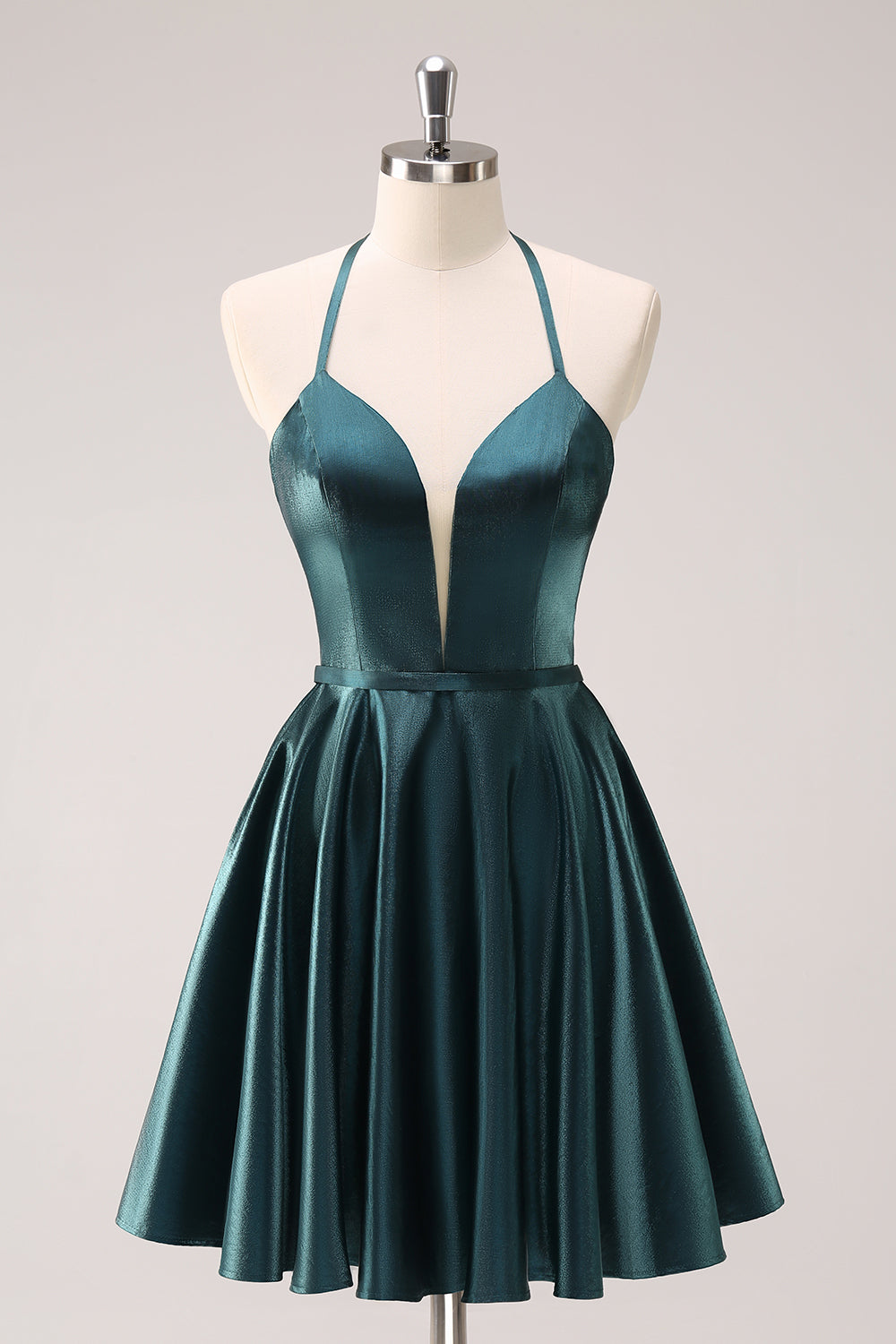 A-Line Peacock Blue Halter Short Homecoming Dress with Lace Up Back