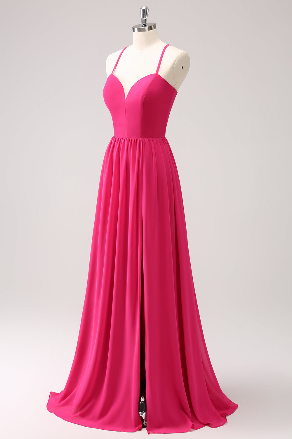 Fuchsia Spaghetti Straps Chiffon Long Bridesmaid Dress with Slit