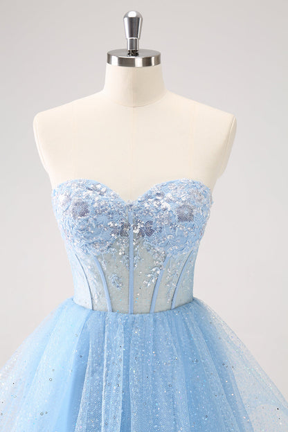 Sky Blue A Line Sweetheat Corset Tulle Homecoming Dress with Sequins