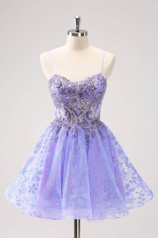 Sparkly Lilac A Line Spaghetti Straps Short Homecoming Dress with Sequins