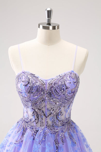 Sparkly Lilac A Line Spaghetti Straps Short Homecoming Dress with Sequins