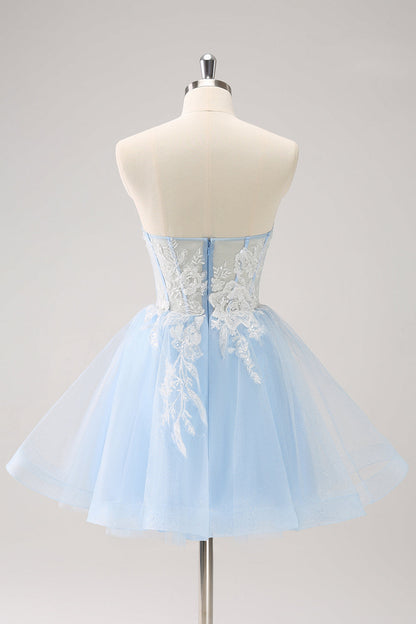 Blue A Line Spaghetti Straps Short Homecoming Dress with Appliques