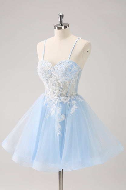 Blue A Line Spaghetti Straps Short Homecoming Dress with Appliques