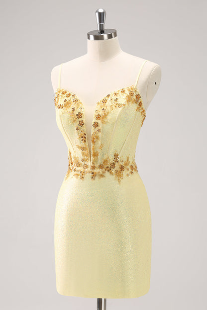 Sparkly Yellow Spaghetti Straps Tight Homecoming Dress with Sequins