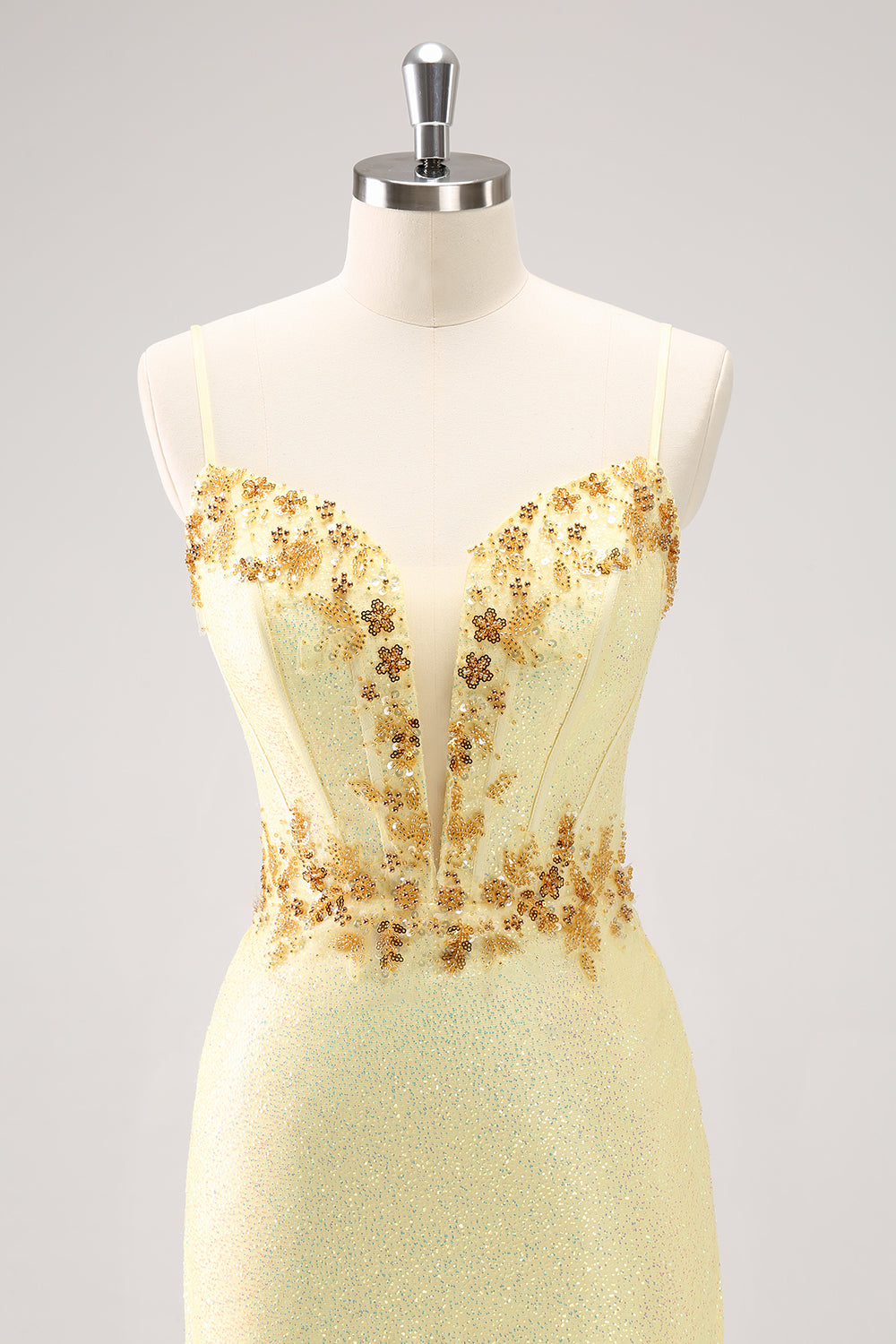 Sparkly Yellow Spaghetti Straps Tight Homecoming Dress with Sequins