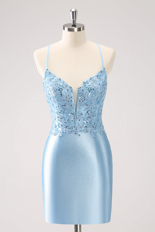 Blue Spaghetti Straps Tight Short Homecoming Dress with Appliques