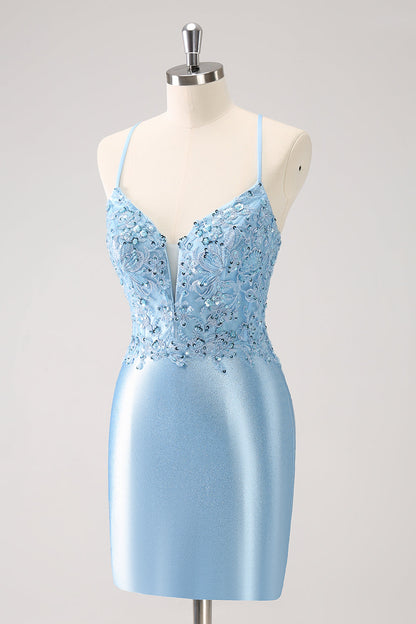 Blue Spaghetti Straps Tight Short Homecoming Dress with Appliques