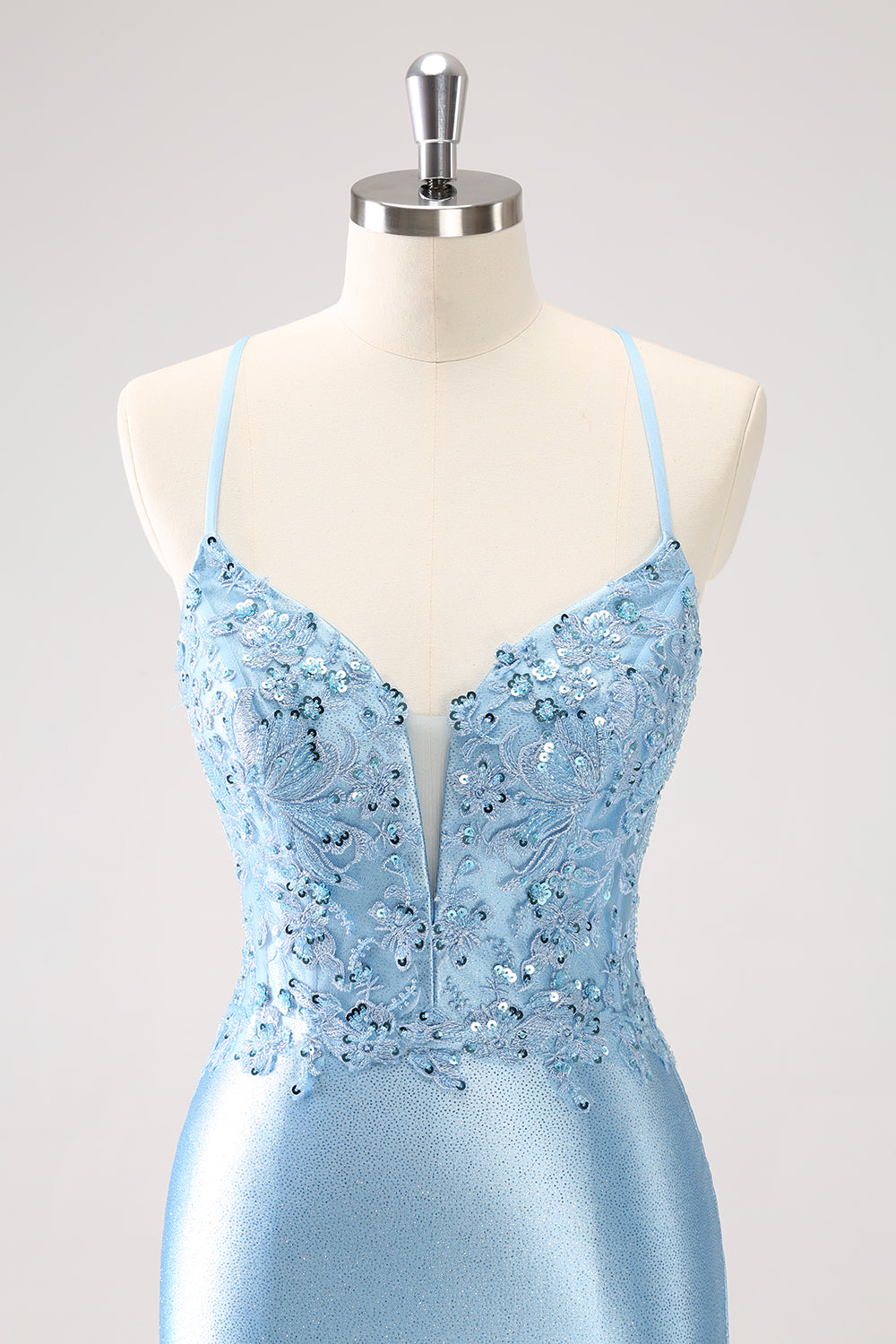 Blue Spaghetti Straps Tight Short Homecoming Dress with Appliques