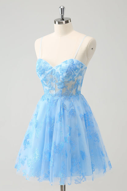 Blue A Line Spaghetti Straps Corset Glow In The Dark Homecoming Dresses