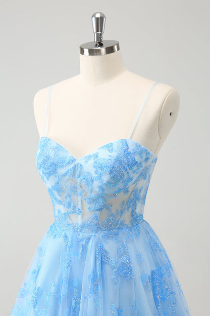 Blue A Line Spaghetti Straps Corset Glow In The Dark Homecoming Dresses