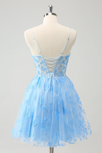 Blue A Line Spaghetti Straps Corset Glow In The Dark Homecoming Dresses