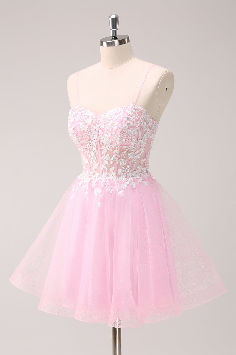 Pink A Line Spaghetti Straps Tulle Corset Homecoming Dress with Appliques