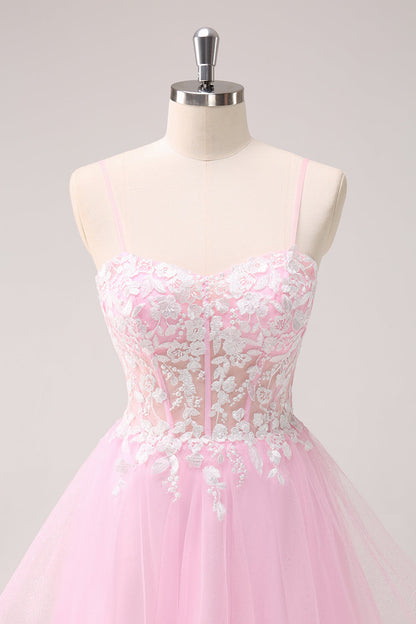 Pink A Line Spaghetti Straps Tulle Corset Homecoming Dress with Appliques