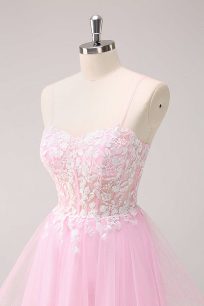 Pink A Line Spaghetti Straps Tulle Corset Homecoming Dress with Appliques