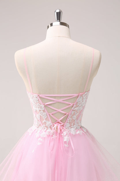 Pink A Line Spaghetti Straps Tulle Corset Homecoming Dress with Appliques