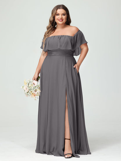 A-Line/Princess Off-the-Shoulder Short Sleeves Chiffon Plus Size Bridesmaid Dresses with Pockets & Split Side