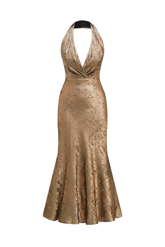 Golden Halter Neck Mermaid Satin Midi Cocktail Dress