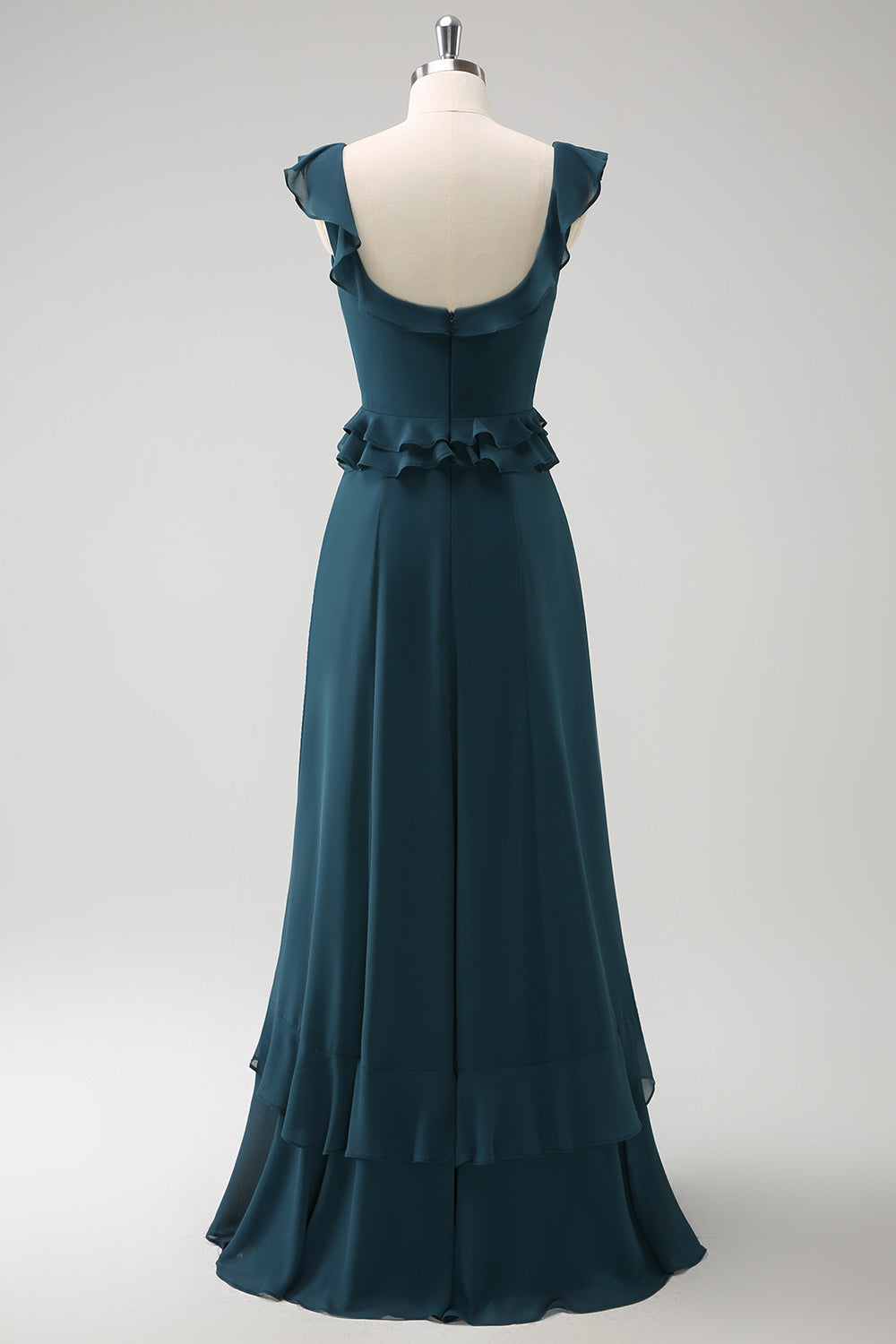 A-Line Dark Peacock Green Scoop Neck Chiffon Long Bridesmaid Dress