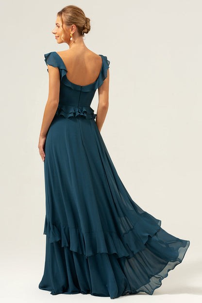 A-Line Dark Peacock Green Scoop Neck Chiffon Long Bridesmaid Dress